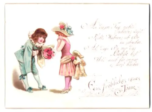 Glückwunschkarte Junge bringt einem Mädchen einen Strauss Rosen, Neujahr