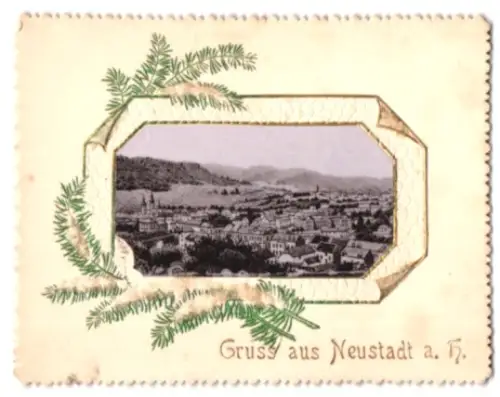 Glückwunschkarte Neustadt a. H., Blick über den Ort umrahmt von Tannenzweigen