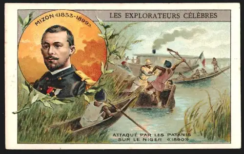 Sammelbild Cambrai, Arlatte & Cie Chicorée Bleu-Argent, Explorateur Mizon 1890