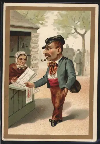 Sammelbild Cambrai, Arlatte & Cie., La Chicorée Bleu-Argent, Herr kauft Zeitung Le Parisien