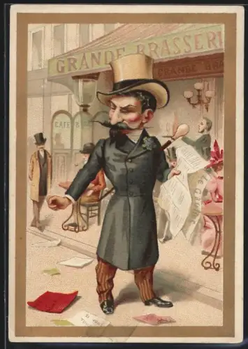 Sammelbild Cambrai, Arlatte & Cie., La Chicorée Bleu-Argent, Herr mit Zeitung vor Brasserie