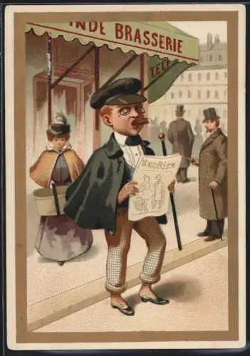 Sammelbild Cambrai, Arlatte & Cie., La Chicorée Bleu-Argent, Junger Herr mit Zeitung vor Brasserie