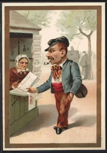 Sammelbild Cambrai, Arlatte & Cie., La Chicorée Bleu-Argent, Herr kauft am Kiosk die Zeitung Le Parisien