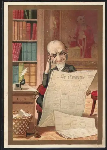 Sammelbild Cambrai, Arlatte & Cie., La Chicorée Bleu-Argent, Älterer Herr liest Zeitung Le Temps