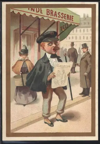 Sammelbild Cambrai, Arlatte & Cie., La Chicorée Bleu-Argent, Student mit Zeitung vor einer Bäckerei