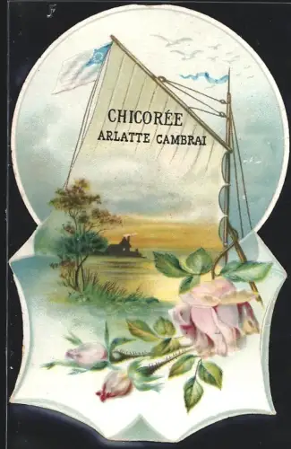 Sammelbild Cambrai, Arlatte & Cie., La Chicorée Bleu-Argent, Gaffelsegel und Dämmerung an der Küste