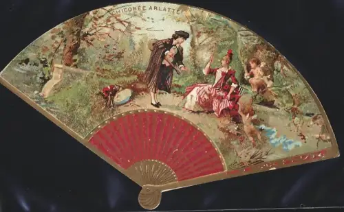 Sammelbild Cambrai, Arlatte & Cie., La Chicorée Bleu-Argent, Madolinenspieler und elegante Dame