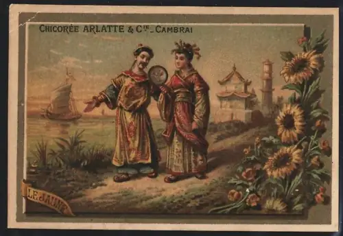 Sammelbild Cambrai, Arlatte & Cie., Chicorée Bleu-Argent, Chinesische Bürger vor Tempel, im Hintergrund Dschunke