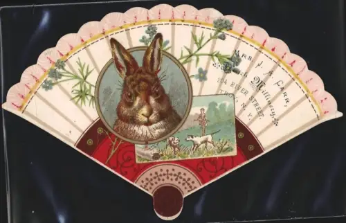 Sammelbild Troy, NY, Mrs. J. A. Carr, French Millinery, Fächer mit Jagdszene und Portrait eines Kaninchens