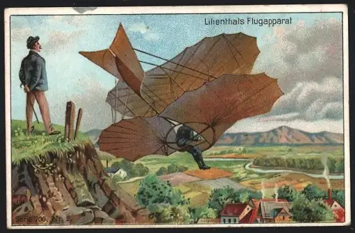 Sammelbild Frankfurt a. M., Voss & Co., Plurat-Fabrik, Hühner und Enten, Lilienthals Flugapparat