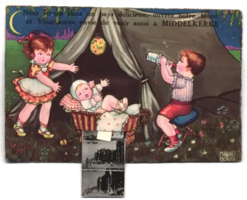 Leporello-Künstler-AK Paul Hey: Middelkerke, La Digue, Hotel Melrose, La Plage