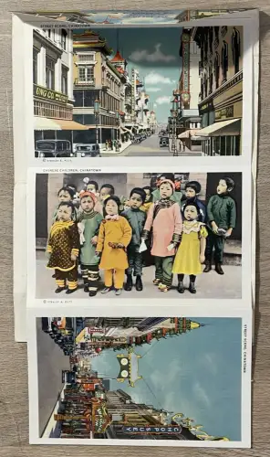 Leporello-AK San Francisco, CA, Chinatown, Street scene, Tin How Temple, Chinese Fortune Teller, Reading Bulletin Boards