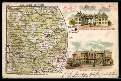 Lithographie Usingen, Herzog Nass. Schloss, Kgl. Seminar, Landkarte