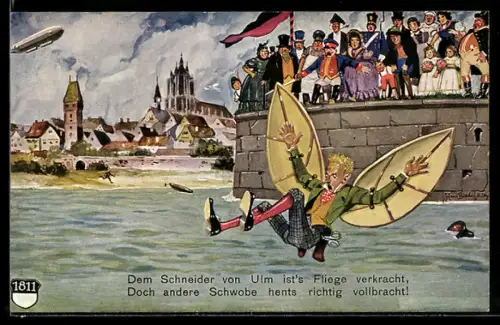 Künstler-AK Ulm a. D., Schneider von Ulm, Donau, Zeppelin