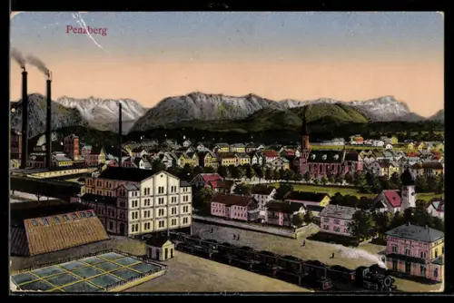 AK Penzberg, Ortsansicht mit Fabrik, Bahnhof und Bergpanorama