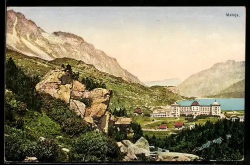 AK Maloja, Berglandschaft mit Grandhotel am See