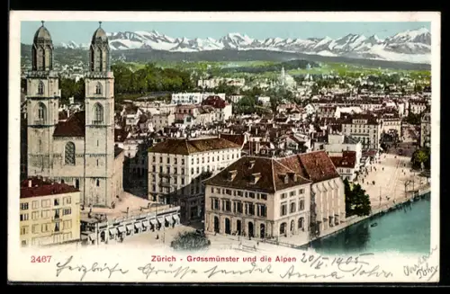 AK Zürich, Grossmünster und die Alpen