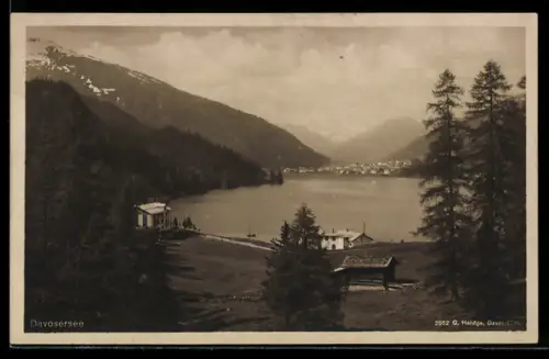 AK Davos, Davosersee, Blick auf See und Berge