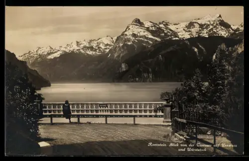 AK Axenstein, Blick von der Terrasse auf Urnersee und Urirotstock