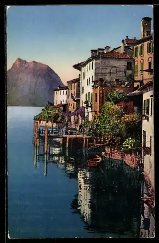 AK Gandria /Lago di Lugano, Häuserzeile am Seeufer mit Booten