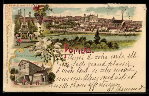 Lithographie Poitiers, Vue générale, le Temple de Saint-Jean