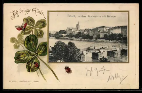 AK Basel, Mittlere Rheinbrücke mit Münster