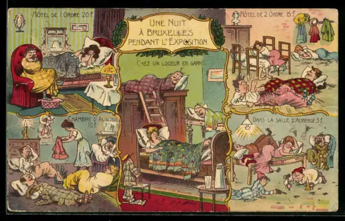 AK Bruxelles, Exposition 1910, Une Nuit in Bruxelles pendant l`Expopsition, Karikatur
