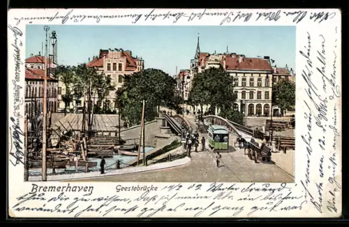 Goldfenster-AK Bremerhaven, Geestebrücke mit Strassenbahn