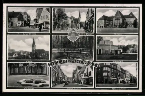 AK Delmenhorst, Gr. Kirch-Strasse, Lange Strasse, Bahnhofstrasse, Ehrenmal, Kirche, Rathaus, Markthalle, Tiergarten