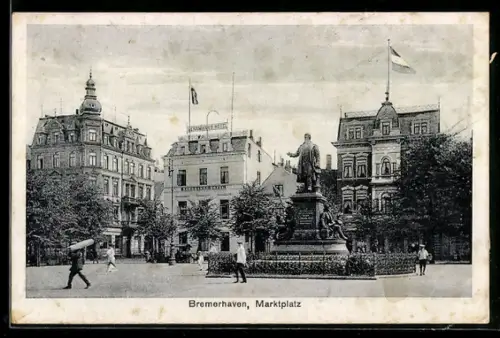 AK Bremerhaven, Hermanns Hotel am Marktplatz mit Denkmal
