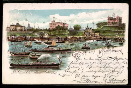 Künstler-AK Hamburg-St. Pauli, Schiffe an den Landungsbrücken