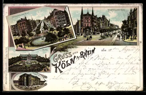 Lithographie Köln, Hohenzollern-Ring, Hohenstaufen Ring, Flora