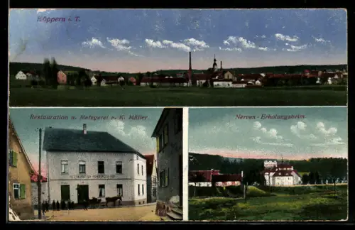 AK Köppern, Totalansicht, Restauration und Metzgerei K. Müller, Nerven Erholungsheim