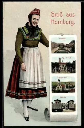 AK Homburg, Kurhaus, Kgl. Schloss, Erlöserkirche, Saalburg, Frau in Tracht