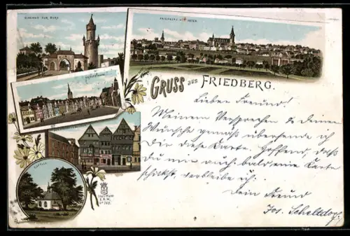 Lithographie Friedberg, Panorama, Stadttor mit Turm, Strasse mit Fachwerkhäusern
