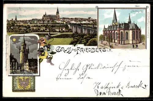 Lithographie Friedberg i. H., Teilansicht, Stadtkirche, Turm bei Mondschein