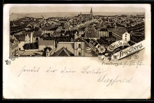 Lithographie Friedberg, Teilansicht mit Rathaus