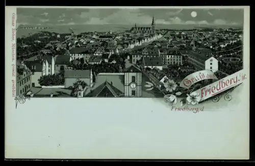 Mondschein-Lithographie Friedberg i. H., Teilansicht mit Rathaus