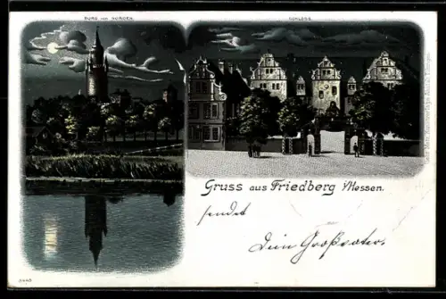 Lithographie Friedberg i. Hessen, Burg von Norden bei Mondschein, Schloss