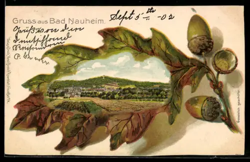 Passepartout-Lithographie Bad Nauheim, Ortsansicht von oben, Eichenblatt