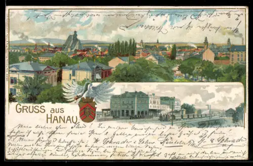 Lithographie Hanau, Gesamtansicht u. Bahnhof, Wappen