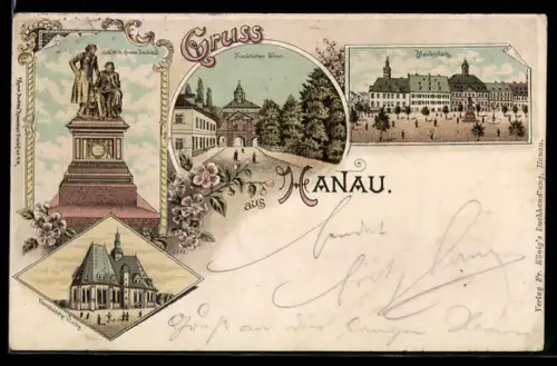 Lithographie Hanau, Jak.Wilh. Grimm Denkmal, Frankfurter Tor, Markplatz