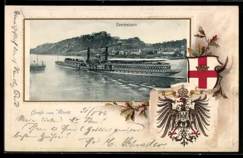 Passepartout-Lithographie Ehrenbreitstein, Festung mit Dampfer, Wappen