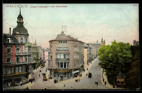 AK Halle / Saale, Untere Leipziger und Poststrasse mit Passanten, Geschäften und Strassenbahn