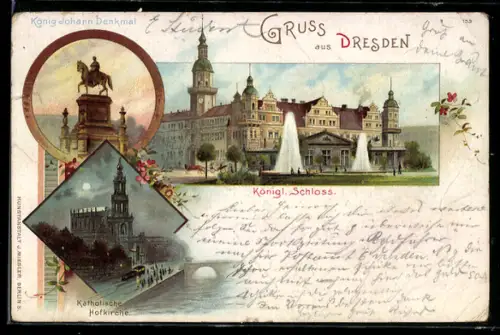 Lithographie Dresden, Königl. Schloss, König Johann Denkmal, Katholische Hofkirche