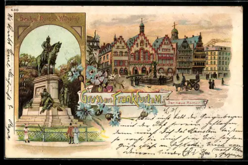 Lithographie Frankfurt a. M., Römer, Denkmal Kaiser Wilhelm I.
