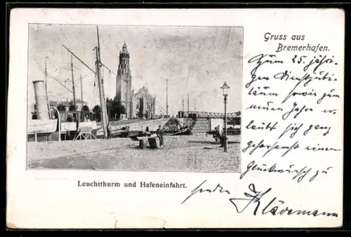 AK Bremerhaven, Leuchtturm, Hafeneinfahrt, Schiffe
