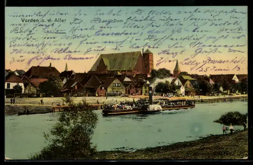 AK Verden a. d. Aller, Dom, Dampfschiff auf der Aller