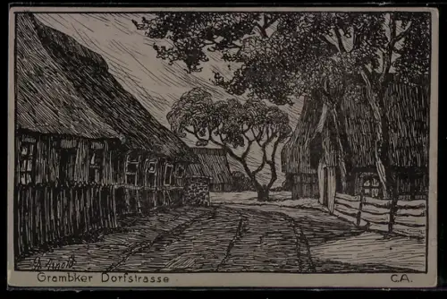 Künstler-AK sign. H. Arnold: Grambke, Dorfstrasse, Fachwerkhäuser, Bäume