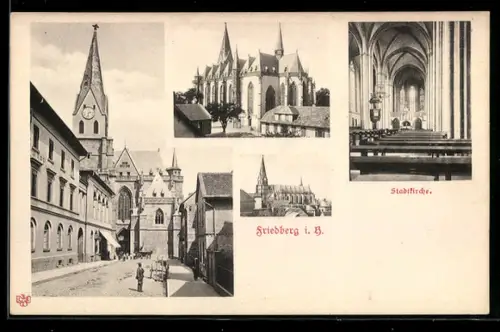 AK Friedberg i. H., Stadtkirche, Aussenansichten und Innenraum